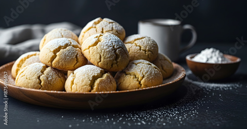 Delicious powdered sugar cookies on a plate with a cup of coffee