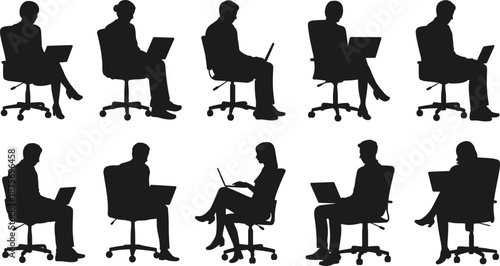 Office silhouettes, laptop users, seated workers, remote work, posture variation, digital workspace, black icons, productivity, vector art, white background