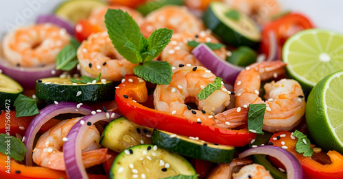 Grilled shrimp salad with fresh vegetables lime and mint garnish healthy meal