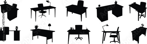 Office desk silhouettes, workspace setups, chairs, lamps, potted plants, black icon, furniture styles, vector illustration, interior design