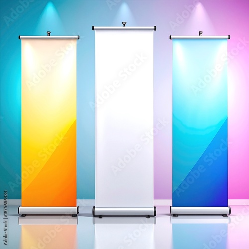 Three illuminated roll-up banners stand side by side, showcasing vibrant graphics and text, perfect for events or exhibitions, enhancing visibility and appeal.