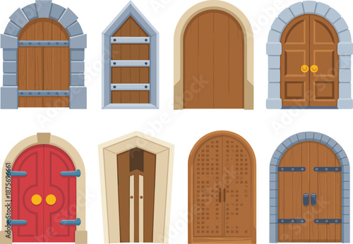 Stylized doors, architectural designs, stone archways, wood panels, metal accents, colorful doors, vector illustration, home entry, creative inspiration