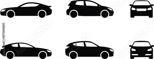 Car silhouette icon set showing side and front views, modern sedan and hatchback vehicle shapes, minimalist black vector illustration