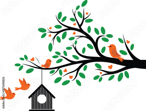Whimsical birds, tree branch, birdhouse, flying birds, heart leaves, nature scene, cheerful illustration, vector art, home, togetherness