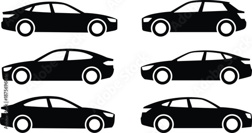 Car silhouette set, modern sedan vehicle side view icons collection, minimalist black automobile shapes vector illustration isolated