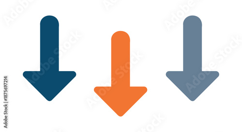 Minimal colorful downward arrows illustration set with rounded shapes, modern flat direction icons for navigation design, user interface elements, infographic graphics, visual guides