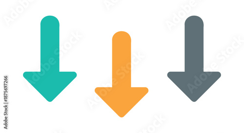 Minimal colorful downward arrows illustration set with rounded shapes in teal orange and gray, modern flat direction icons for navigation design, user interface graphics, infographic elements