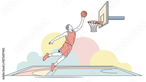 A basketball player jumps to dunk the ball into the net in a vector illustration.