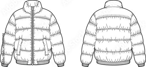Puffer jacket technical line drawing, front and back view winter quilted coat outline illustration for fashion apparel design template vector