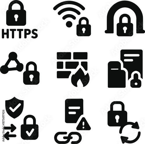 A comprehensive collection of black vector icons illustrating digital security, data protection, internet privacy, network safety, and secure access essential for modern online environments