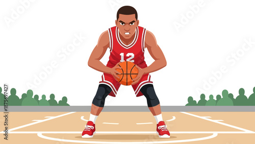Illustration of a basketball player dribbling on the court.