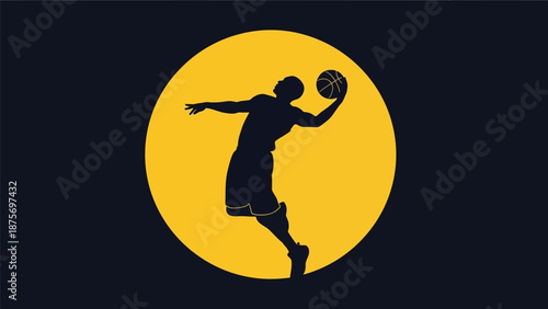 Silhouette of basketball player dunking against a yellow circle background.