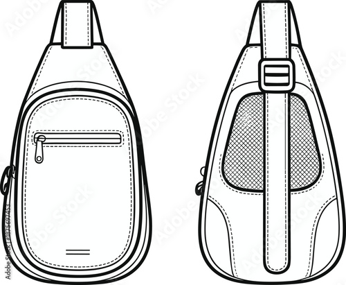 Sling backpack line drawing, front and back view minimalist crossbody bag outline illustration, technical product design isolated on white background