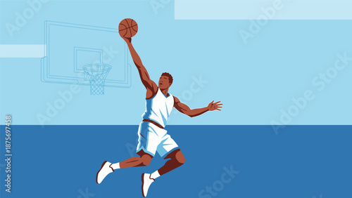 Dynamic basketball player in mid-air, ready to slam dunk the ball.