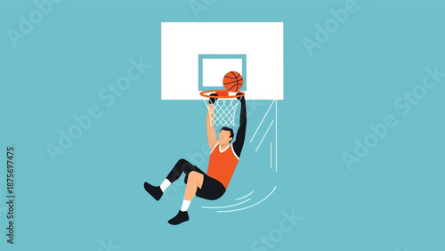 Basketball player scoring with a slam dunk in a vector illustration.