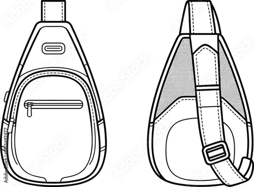 Sling backpack line drawing, front and back view minimalist crossbody bag outline technical illustration product design isolated on white background