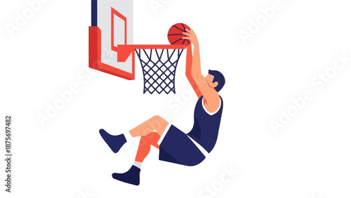 Vector illustration of a basketball player doing a slam dunk on a white background.