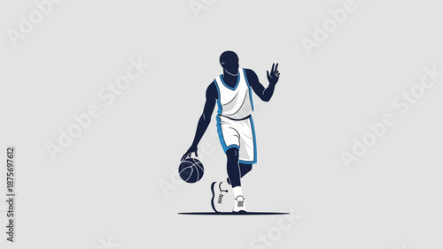Illustration of a basketball player dribbling a ball, isolated on white background.
