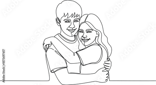 Minimalist continuous line art drawing illustrating a joyful young couple embracing each other tightly with warm smiles representing affection and a strong loving connection between two happy people.