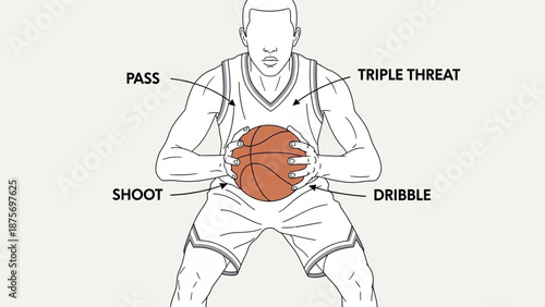 Basketball player in triple threat position with labeled actions.