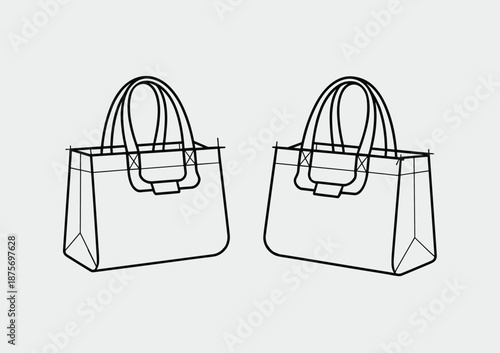 Cad drawing flat vector illustration, handbag design sketch, angled perspective, black and white outline, fashion accessory construction layout