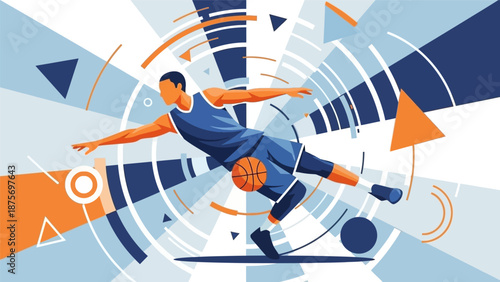 Dynamic basketball player illustration with abstract geometric shapes and vibrant colors.