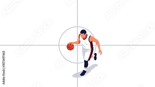 Isometric illustration of a basketball player dribbling a ball on the court.