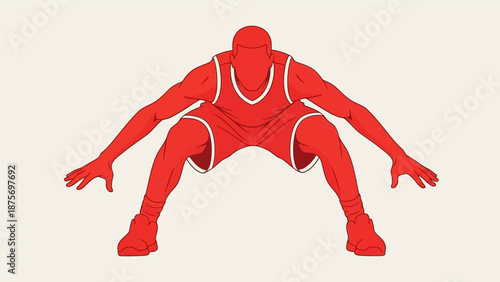 Red basketball player in defensive stance on a white background.
