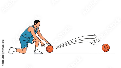 Illustration of a basketball player dribbling a ball with motion lines indicating movement.
