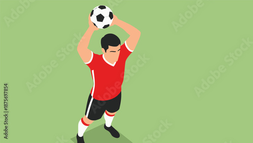Isometric illustration of a soccer player throwing the ball during a game on the field.