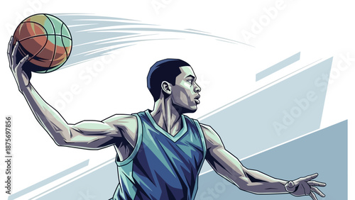 Illustration of a basketball player throwing a ball with dynamic motion lines.