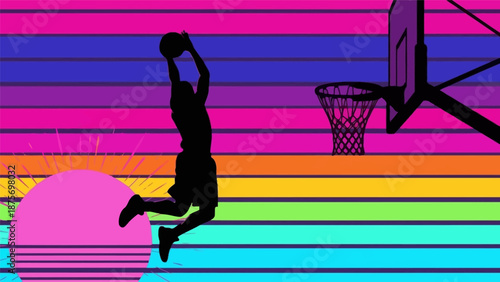 Silhouette of basketball player dunking with retro sunset background.