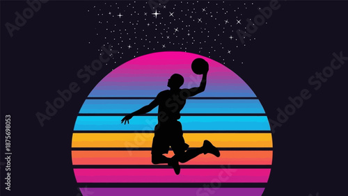 Silhouette of a basketball player dunking with a retro sunset background and stars.