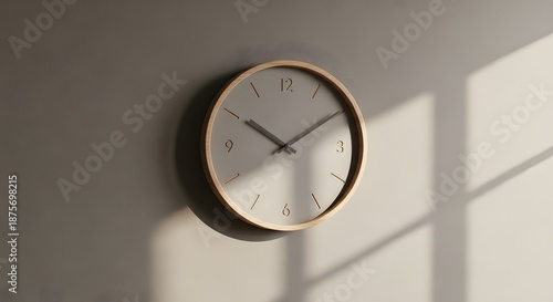 Wallpaper Mural Modern minimalist wall clock with a wooden frame and light grey face bathed in natural light. Torontodigital.ca