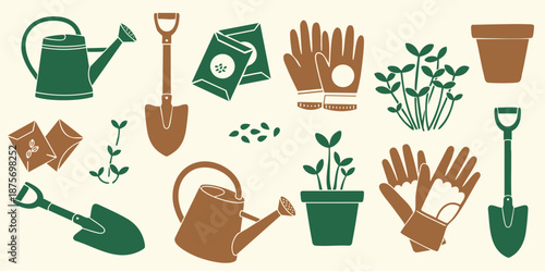 Gardening tools and supplies for planting and nurturing green plants collection