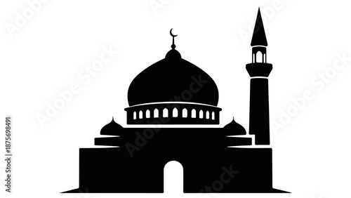 Black Silhouette of Mosque with Dome and Minaret Vector Icon | Islamic Architecture Symbol for Ramadan, Prayer, and Eid Celebrations