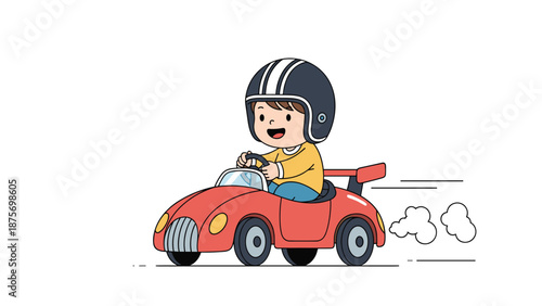 Excited little boy wearing a helmet while driving a red toy racing car with clouds of smoke behind it.