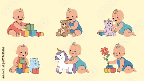 Collection of six adorable baby character illustrations playing with various toys including blocks and stuffed animals.