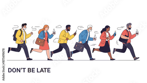 Group of diverse business people running fast to work with coffee and bags under the message reminding not to be late.