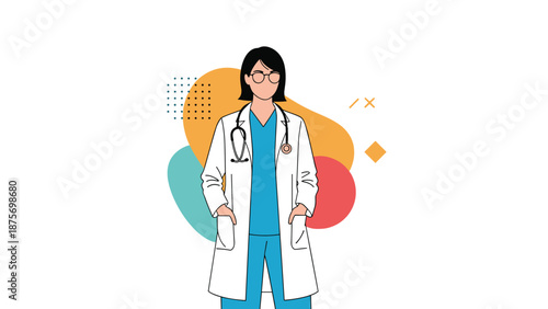Confident female doctor wearing a white lab coat and stethoscope standing against a colorful abstract geometric background.