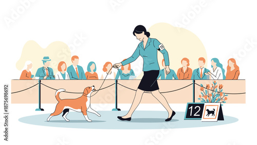 Professional handler showing a beagle dog to a panel of judges during a formal canine competition or dog show event.