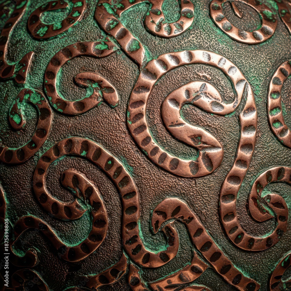 Fototapeta premium Detailed close-up showing ancient artistry and textures on a piece of ornate copper metalwork, featuring fine hammered carvings and antique patina finish, old, background, surface