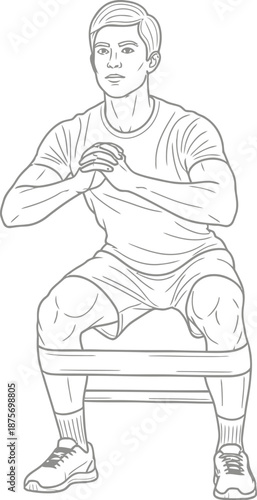 Athletic young man performing resistance band air squats illustrating proper form for lower body strength training exercise emphasizing glute and thigh muscle activation during a workout session