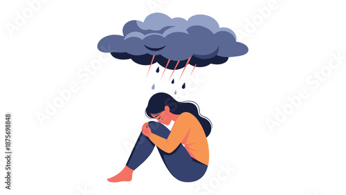 Sad woman sitting alone on the ground in a fetal position under a large dark rain cloud symbolizing depression or grief.
