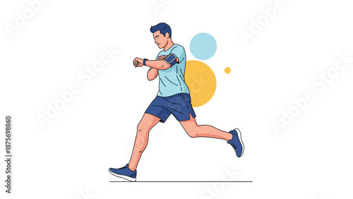 Active man jogging while checking his performance data on a modern smartwatch during his outdoor fitness routine.