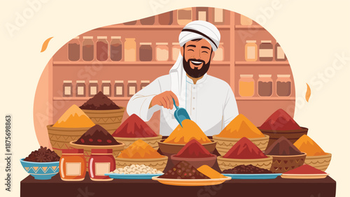Happy man in traditional Arab attire smiling while selling a variety of colorful spices in a vibrant local market stall.