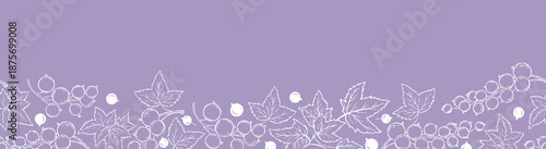 Currant Berry. Botanical Seamless Border. White Line Art Berry Trim on Purple Background. Vector outline Horizontal illustration. Not AI