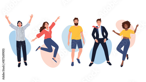 Diverse group of five happy people jumping in the air to celebrate success and express their pure joy and freedom.