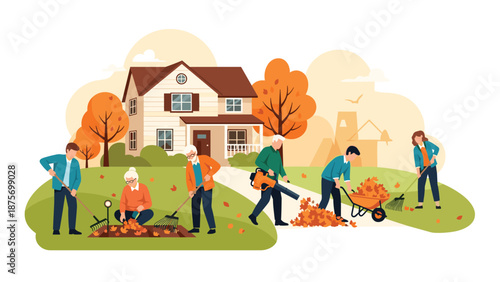 Multi-generational group of people working together to rake and clean up fallen autumn leaves in front of a suburban house.