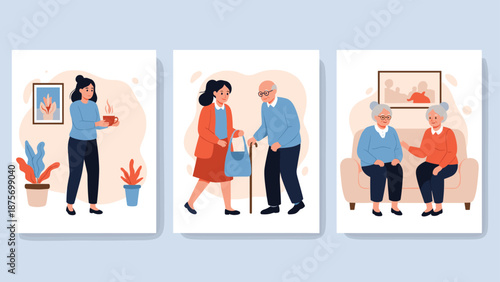 Collection of three vertical posters illustrating various scenes of senior care and social interaction for older adults.